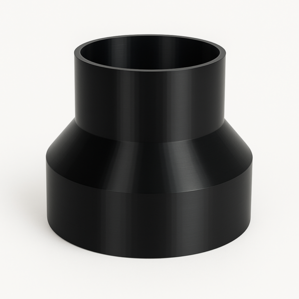 02 Reduzierstück Reduzierstück aus schwarzem Kunststoff zur Verbindung von Lüftungsrohren – passgenauer Rohradapter für verschiedene Durchmesser.
