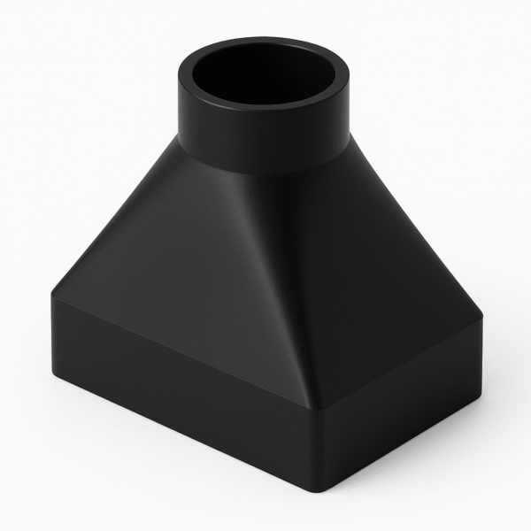 Rund auf Rechteckig Produktbild Übergangsstück von rund auf rechteckig aus Kunststoff zur Verbindung mit Rohrleitungen. Passgenauer Übergangsstück für verschiedene Durchmesser und Rechteckprofile.