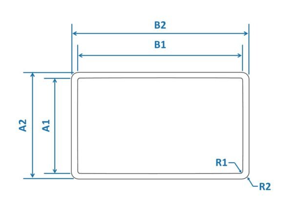 rund auf eckig querschnitt 02 Technische Zeichnung eines Übergangsstücks von rund auf rechteckig. Maßangaben für den Recheck Anschluss (A1, A2, B1, B2, R1, R2) zur individuellen Fertigung von Rohrverbindungen.