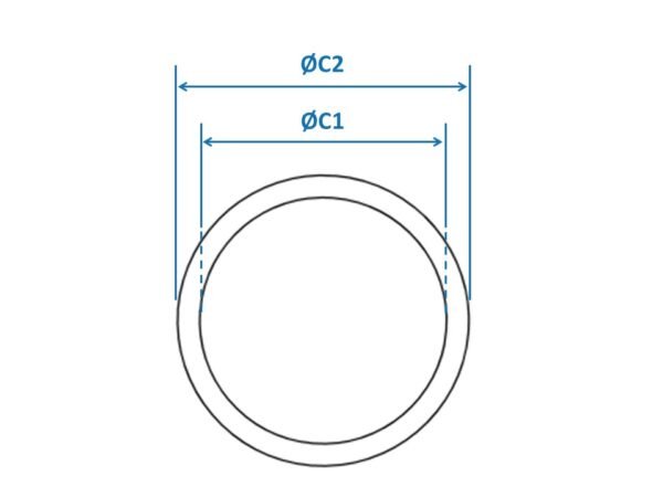 rund auf eckig querschnitt 03 Technische Zeichnung eines Übergangsstücks von rund auf rechteckig. Maßangaben für den runden Anschluss (C1, C2) zur individuellen Fertigung von Rohrverbindungen.